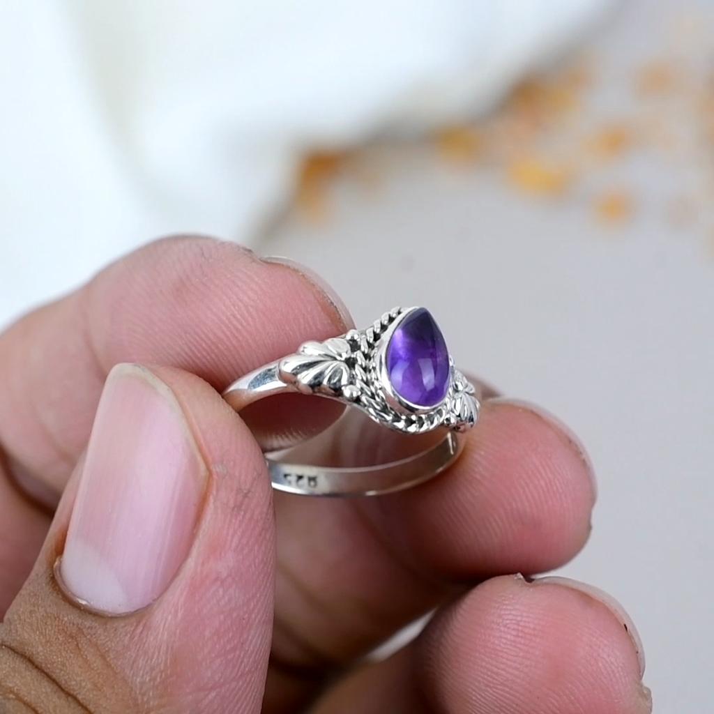 Amethyst Gemstone 925 Sterling Silver Pear Shape Handmade Jewelry Boho Ring For Women