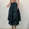 FASHION Retro Folk Style Women Fashion Plaid Maxi Skirt Splice Irregular Swing Pleated High Waist Long Skirt