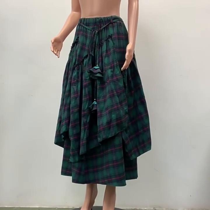 FASHION Retro Folk Style Women Fashion Plaid Maxi Skirt Splice Irregular Swing Pleated High Waist Long Skirt