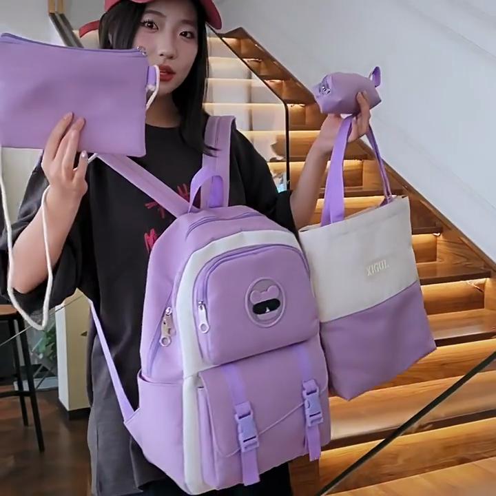 Four-Pieces Backpack Set Student Schoolbag Color Block Women's Large Capacity Backpack Campus Backpack