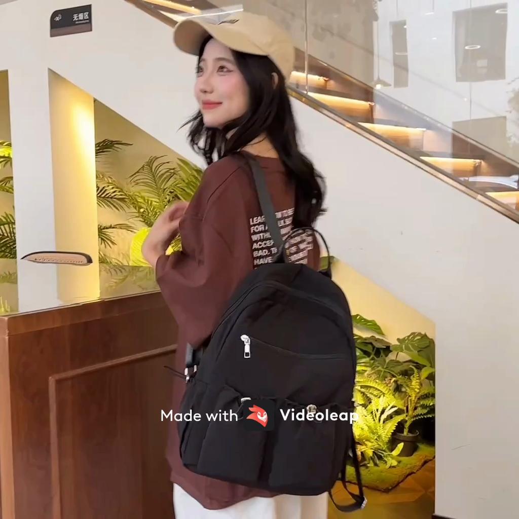 College Style Student School Bag Commuter Nylon Backpack Solid Color Women's Sports Bag