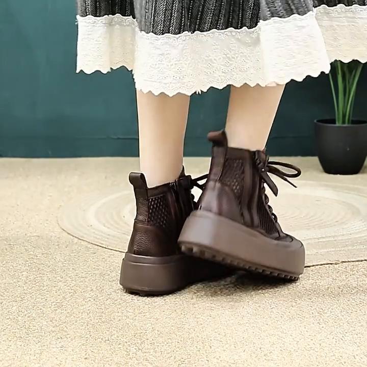 Johnature Ретро дышащие сетчатые ботинки с выемками из натуральной кожи женские туфли на плоской платформе