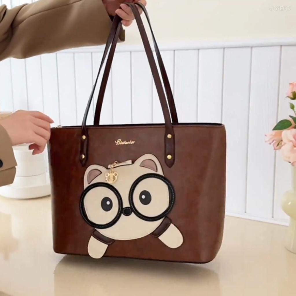 Women'S Large Capacity Red Tote Bag With Cute Panda Face Heart Cutouts Casual Outing Bridal Party Accessory Playful Design Fashion Handbag Lovers