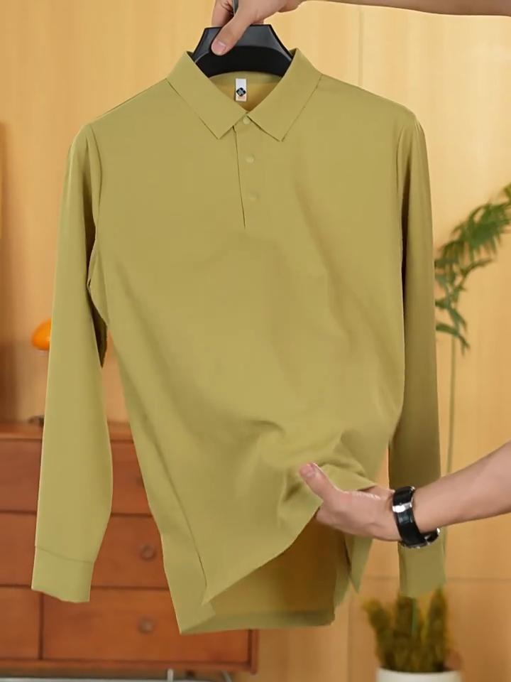 Men's Early Autumn Long Sleeve Collared Polo Shirt Solid Durable Wear Alone Layered Top