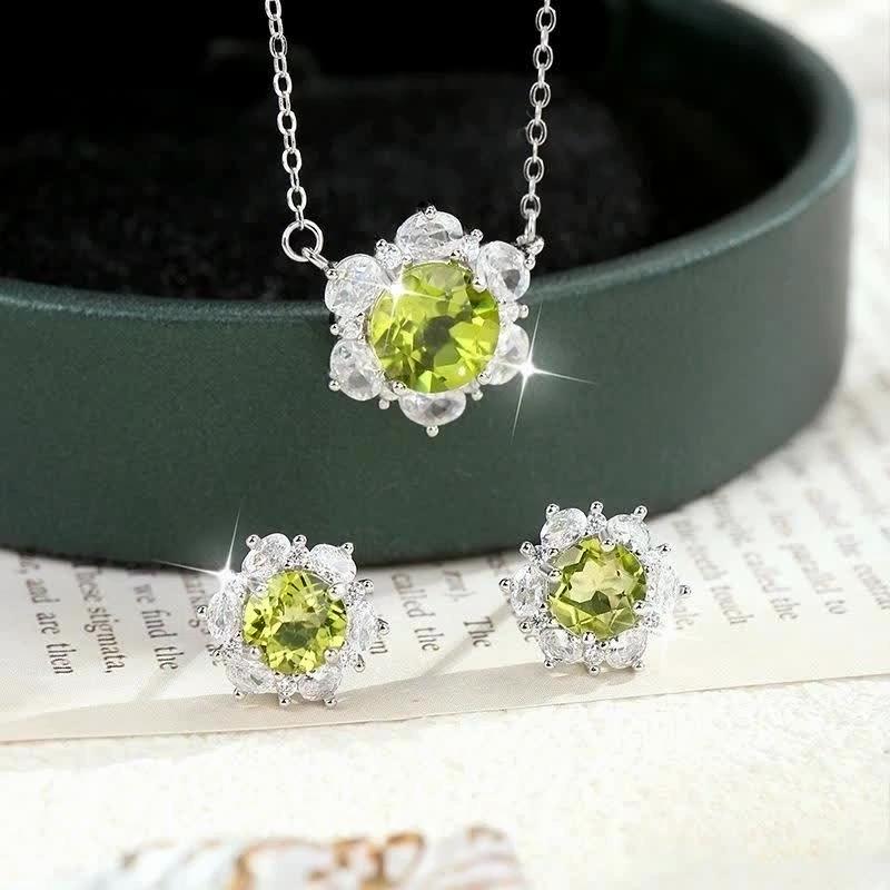 Natural Crystal Stone Jewelry Set S925 Sterling Silver Necklace Peridot Pendant Clavicle Chain