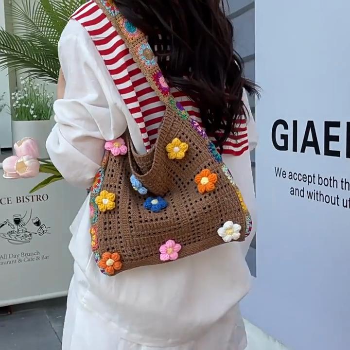 Boho Style Handcrafted Beach Bag With Flower Decoration For Daily Use