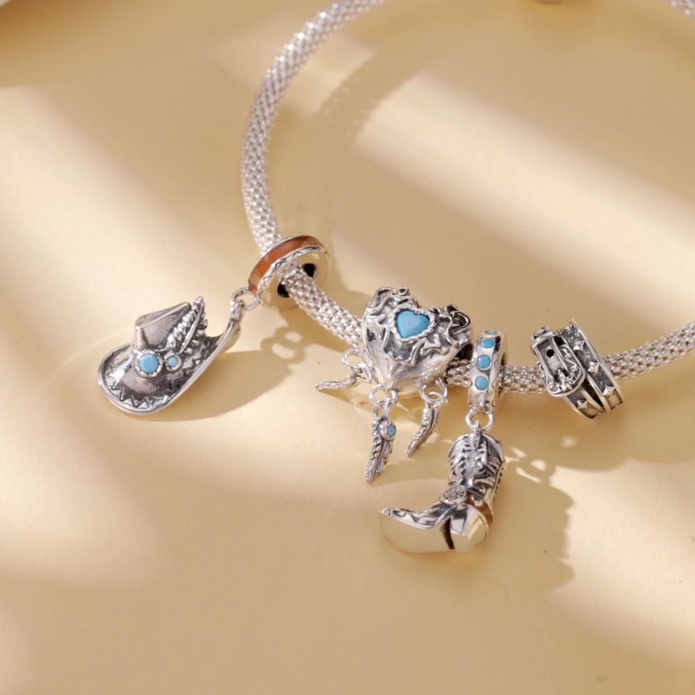 WOSTU Ковбойская шляпа из стерлингового серебра 925 пробы, очаровательные бусины, ковбойские кожаные сапоги, подвеска для браслета, ювелирные изделия своими руками