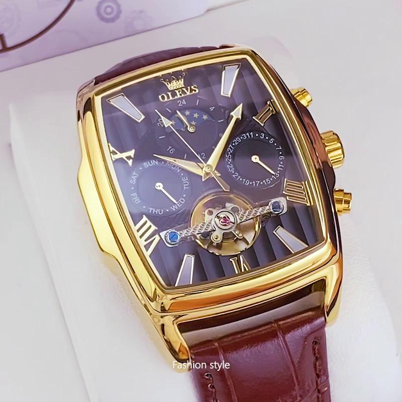 OLEVS Fashion Brand Watch Square Fashion Mechanical Watch Multi-function Belt Hollow Men's Watch Men's Watch