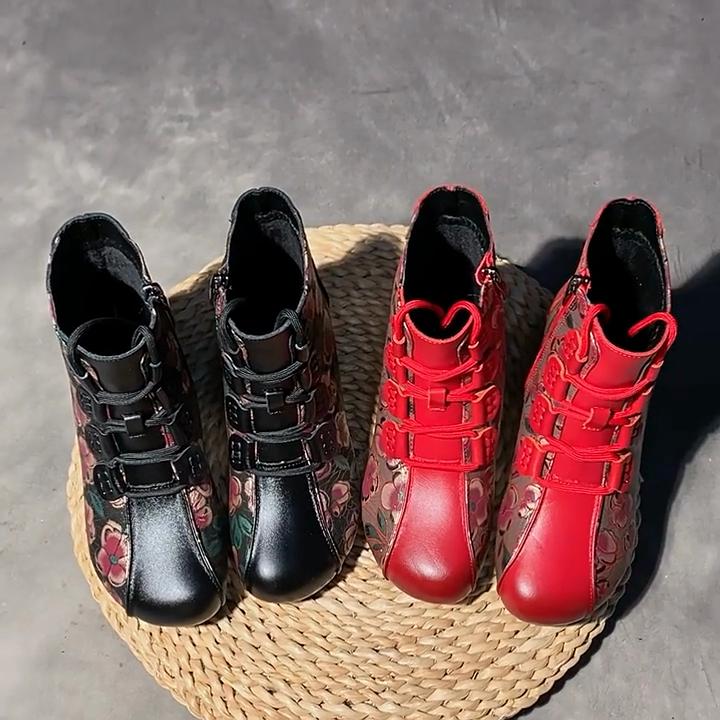 Johnature Короткие ботинки, женские теплые женские туфли с круглым носком и толстым каблуком в этническом стиле, на мягкой подошве с принтом