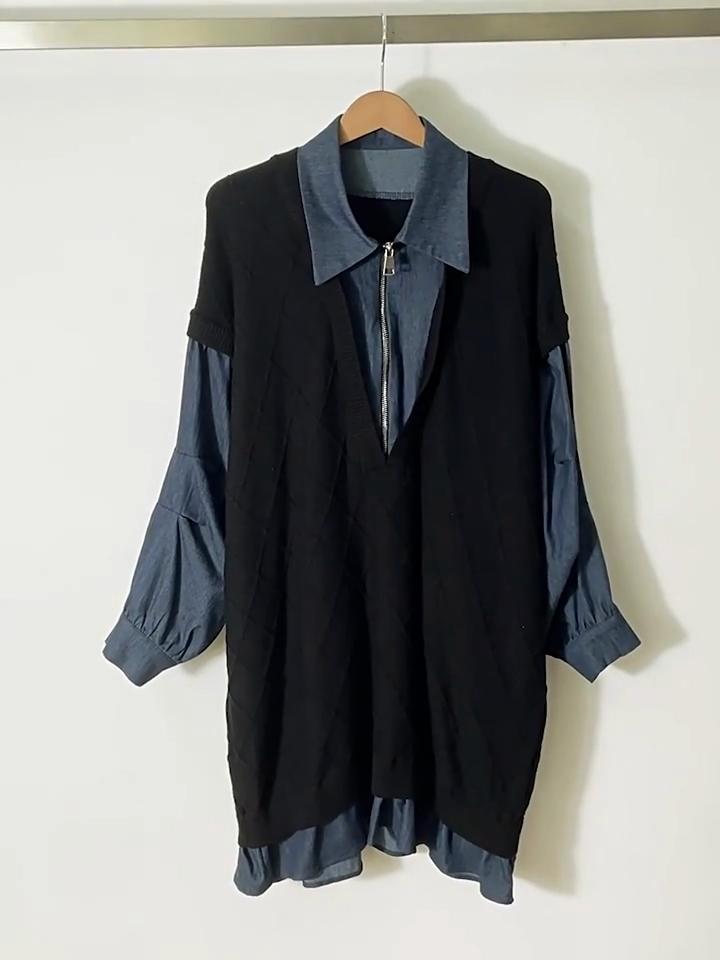 Xitao Zipper Patchwork Contrast Color Dress LJ1041