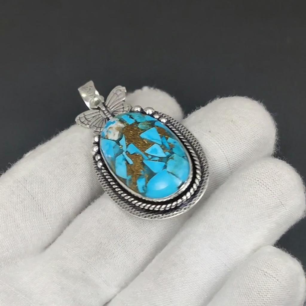 Серебряный кулон с натуральным медно-бирюзовым драгоценным камнем из стерлингового серебра 925 пробы — дизайн бабочки ручной работы, повседневные украшения, уникальный кулон в подарок