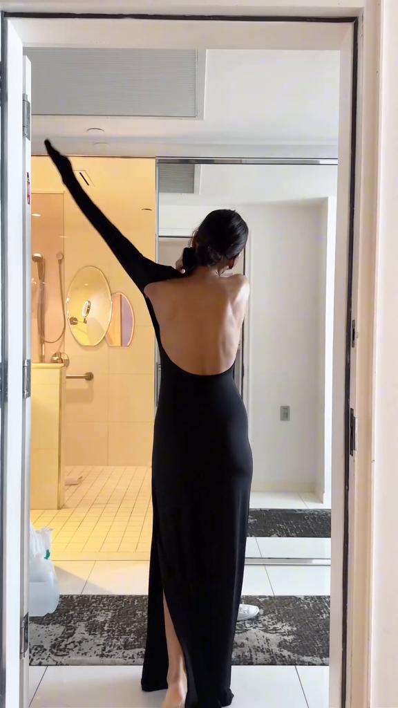 Backless Sexy Black Evening Dress Women's Summer Slim High Waist Long Sleeve Dresses Female Vacation Fashion Elegant Side Slit Bodycon Dress Women