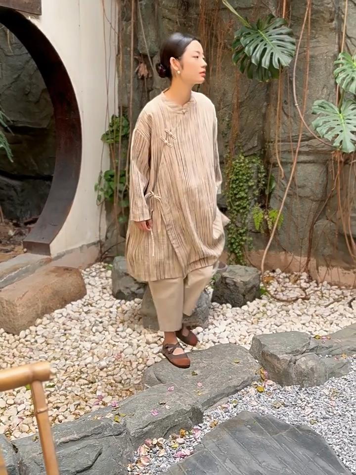 Johnature Women Vintage Striped Shirts Tops Stand Long Sleeve Loose Spring Blouses Button Chinese Style Shirt