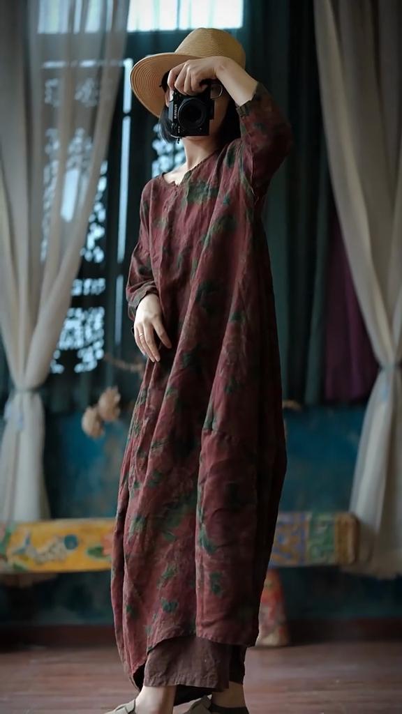 Johnature Осеннее женское свободное льняное платье с принтом, винтажное платье с круглым вырезом в китайском стиле с длинными рукавами