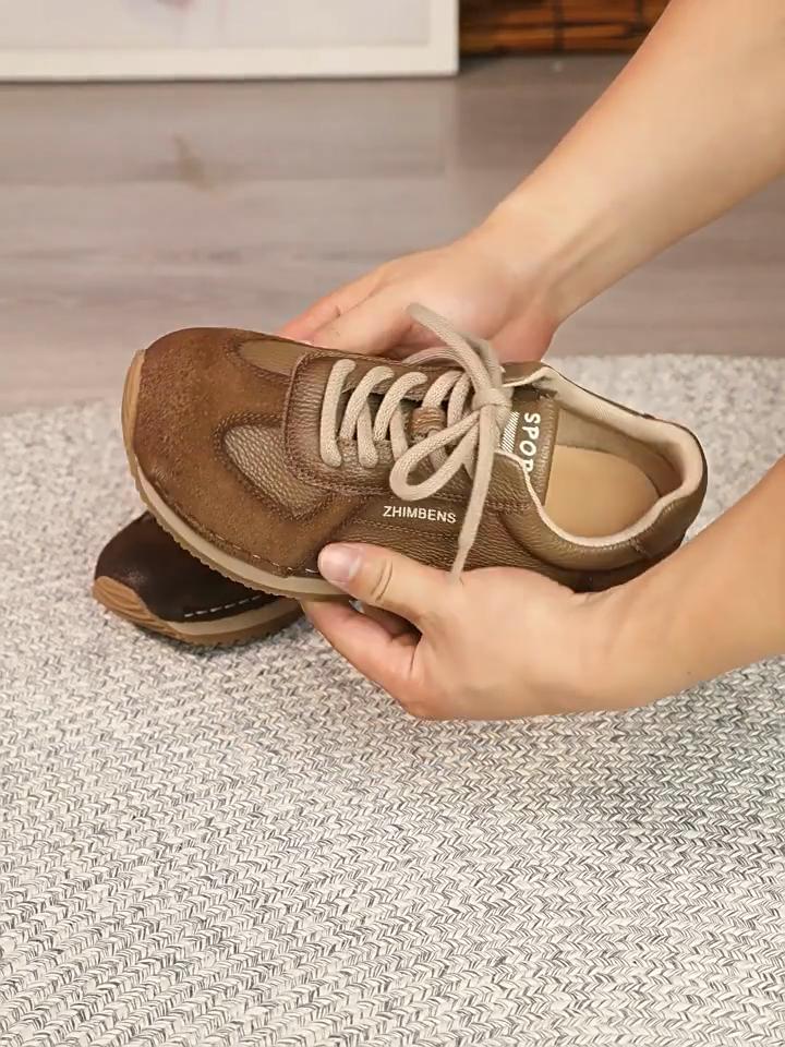 Johnature Genuine Leather Lace Up Women's Sports Shoes Retro Soft Sole Comfortable And Lightweight Sneakers