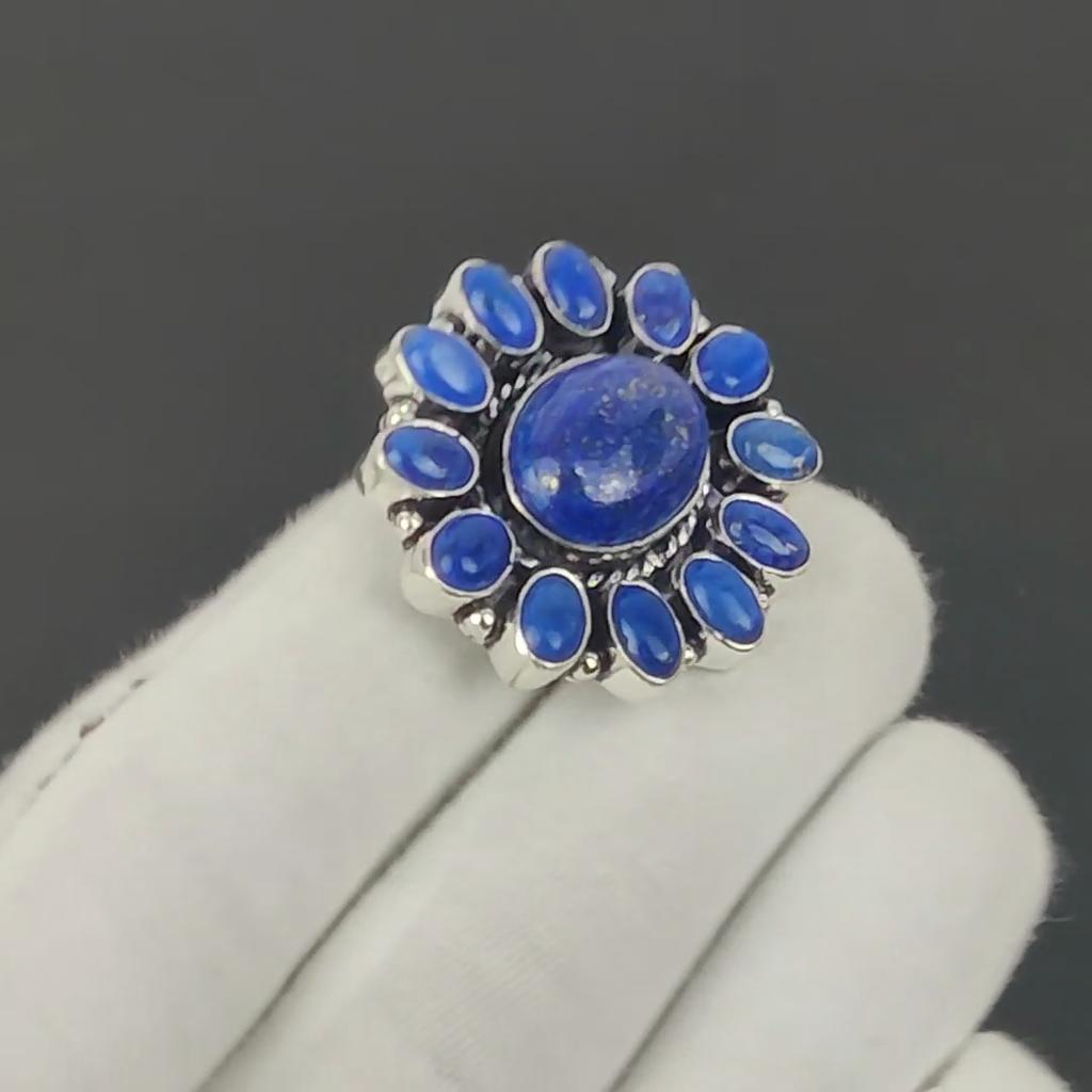Кольцо с натуральным лазуритом, кольцо из стерлингового серебра 925 пробы, подарок для нее, овальный камень, элегантное кольцо ручной работы, серебряное кольцо с лазуритом в виде цветка, подарок