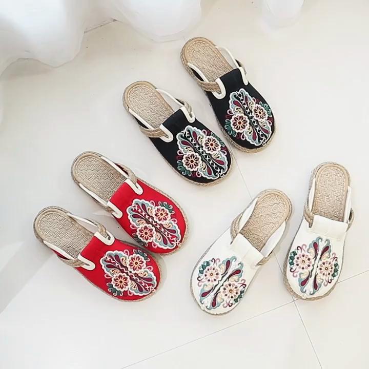 Женские тапочки, летние женские тапочки с вышивкой на плоской подошве, лаконичные женские тапочки ручной работы в стиле ретро с цветами