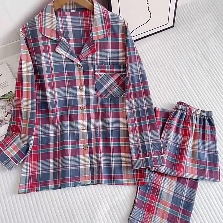 Весна / Осень Простая Пижама из стираного хлопка, женские брюки с длинными рукавами, домашняя одежда, свободный повседневный комплект из 2 предметов в клетку с лацканами