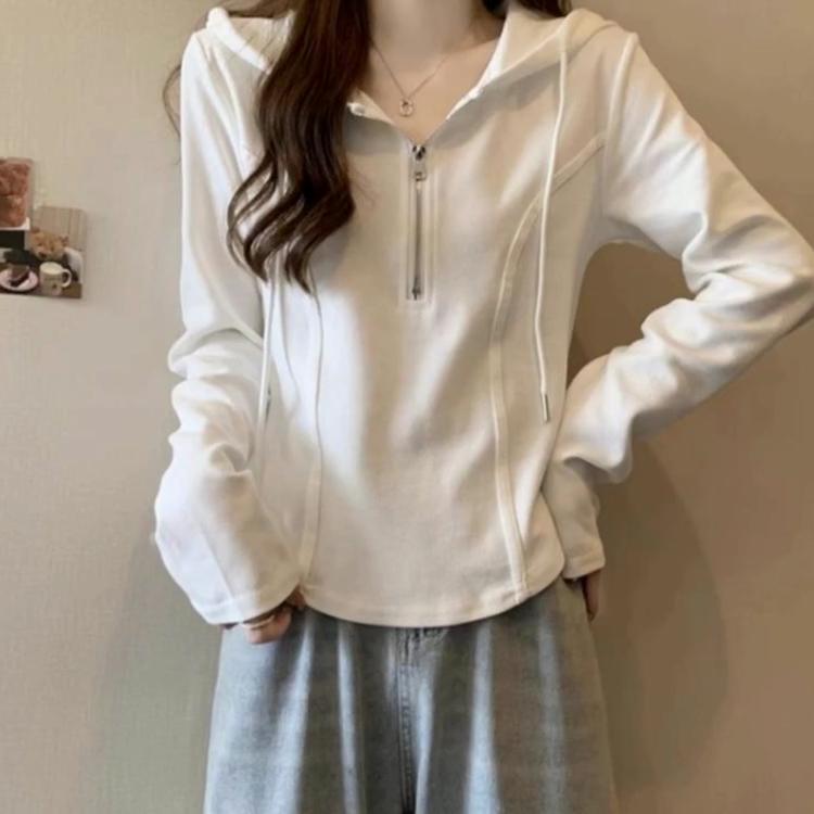 Spring Autumn Solid Color Hooded Long Sleeve Fashion T-Shirts Women High Street Casual Slim Zipper Patchwork Pure Cotton Tops
