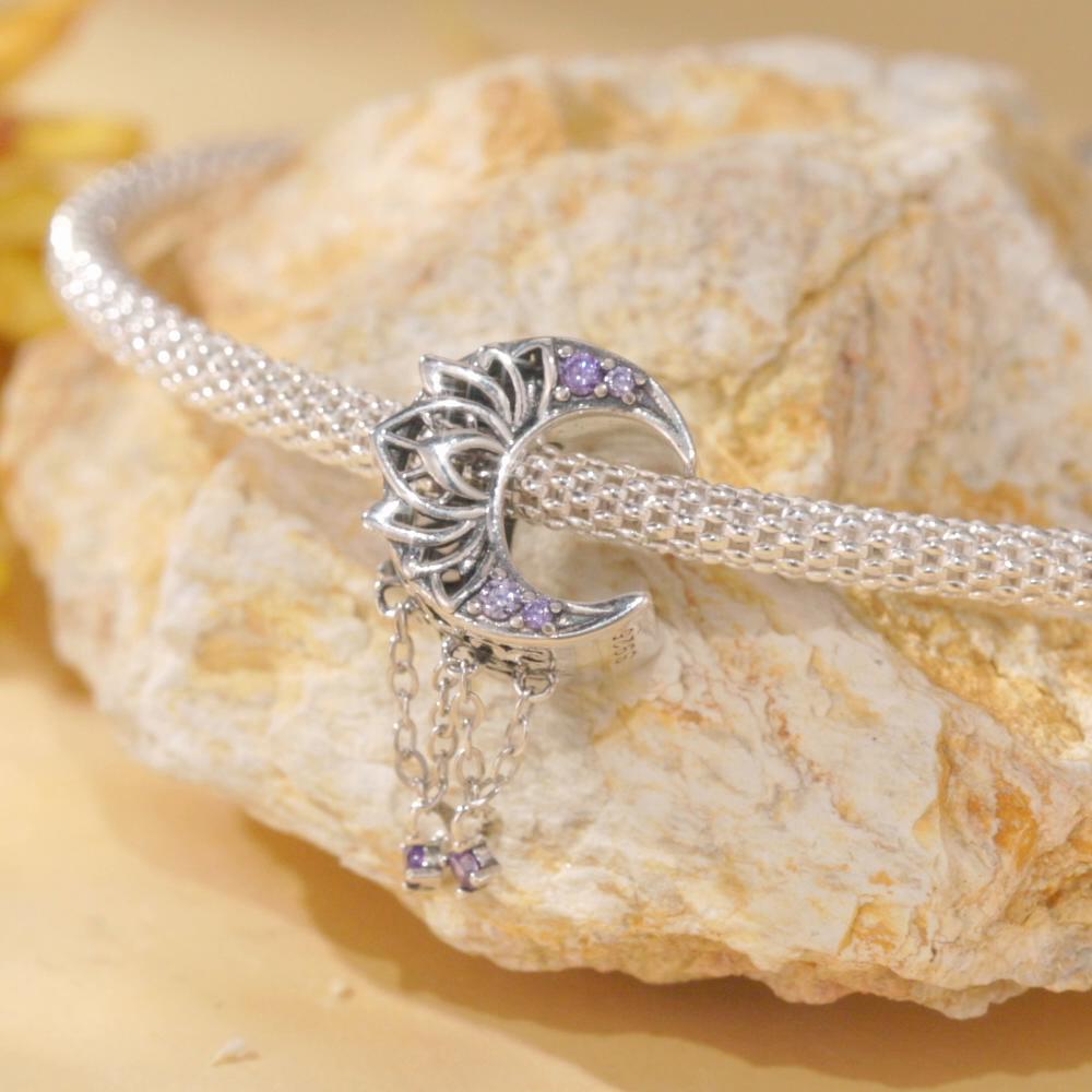 Bamoer 925 Sterling Silver Vintage Texture Purple Zirconium Pendant Fit Women DIY Bracelet & Bangle Pearl Glossy Pearl Charms