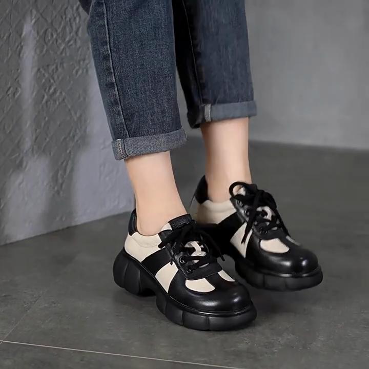 Johnature Женская обувь из натуральной кожи в стиле ретро на толстой подошве, туфли-лодочки с круглым носком на шнуровке, разноцветные туфли на платформе