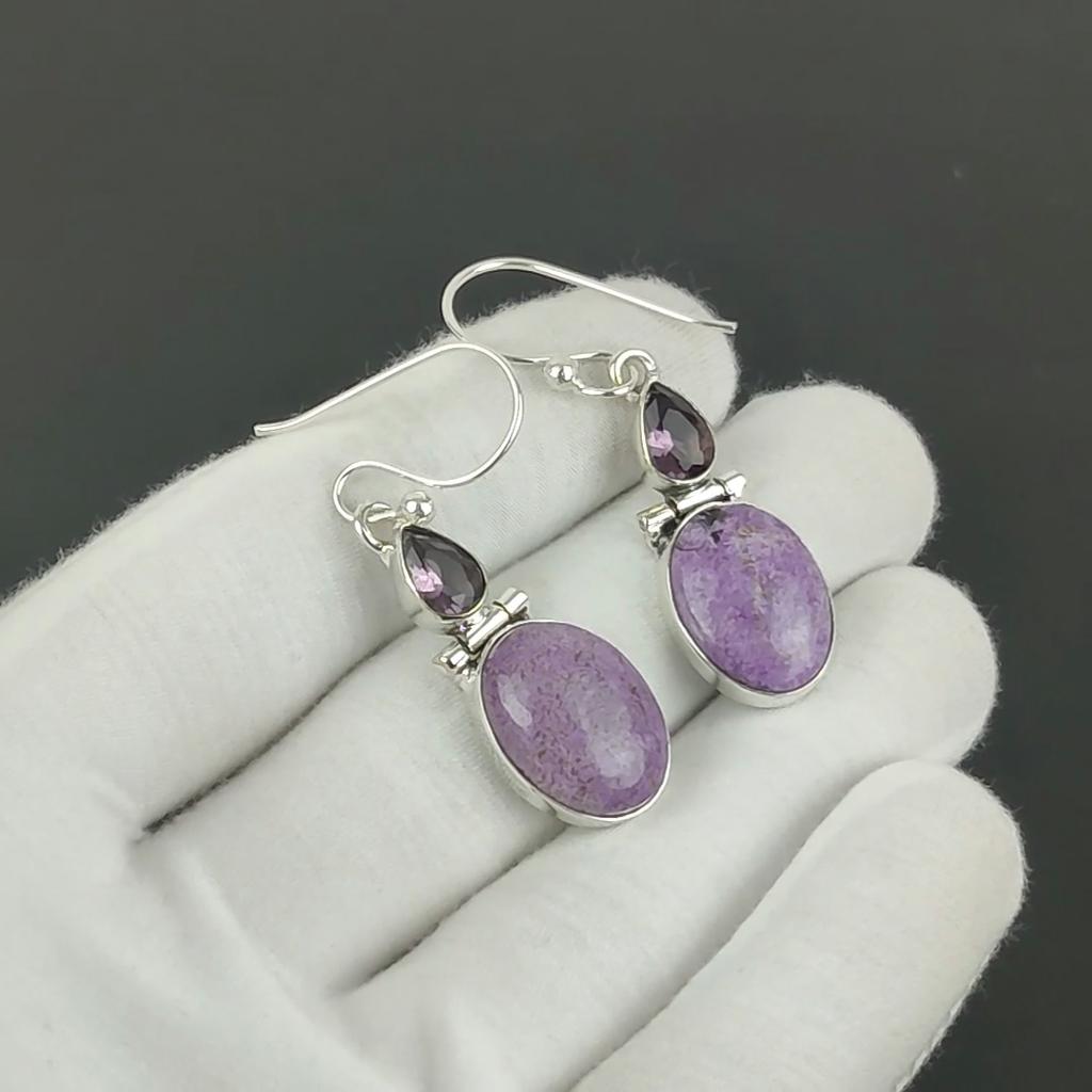 Natural Purpurite Earrings, 925 Sterling Silver Earrings, Party Wear Jewelry, Amethyst Dangle Drop Earrings For Thanksgiving Gifts For Mom
