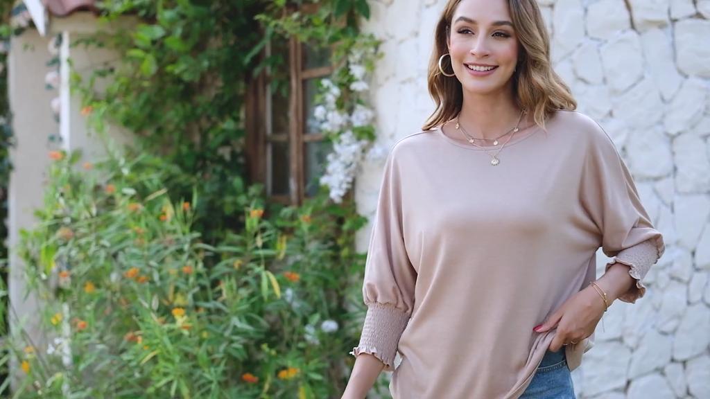 Women's Solid Color Crew Neck Blouse Three Quarter Sleeve Loose Fit Work Top