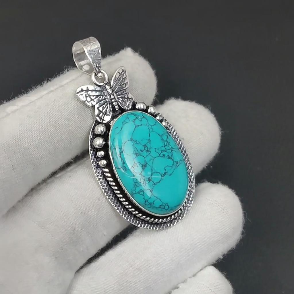 Серебряный кулон с натуральным бирюзовым камнем из стерлингового серебра 925 пробы — дизайн в виде бабочки ручной работы, повседневные украшения, уникальный кулон в подарок на Пасху