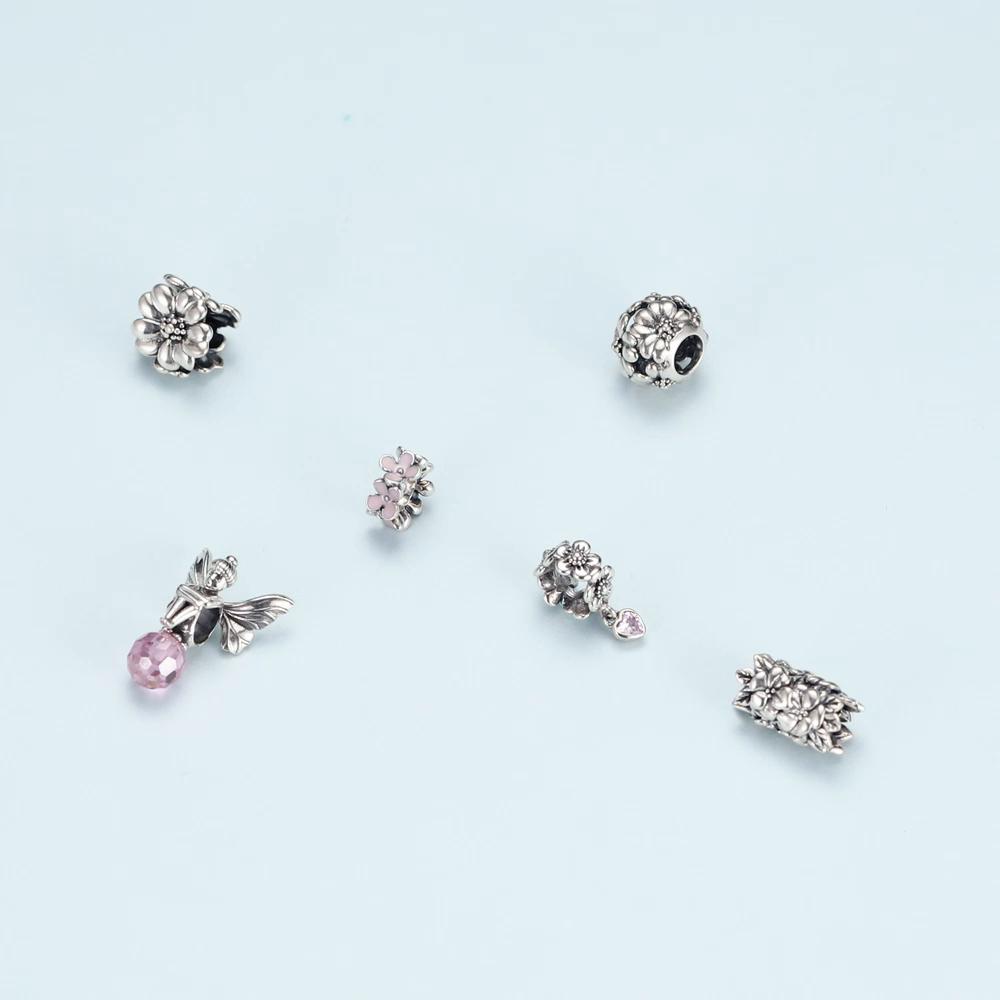 BAMOER стерлингового серебра 925 пробы бусины с цветами для женщин Шарм подходит браслет в виде змеи DIY браслет ювелирные изделия