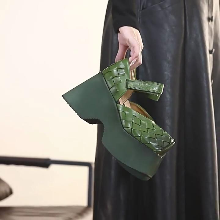 Johnature Женские босоножки на танкетке 10 см, плетеные из коровьей кожи, с толстой подошвой, ретро, из натуральной кожи