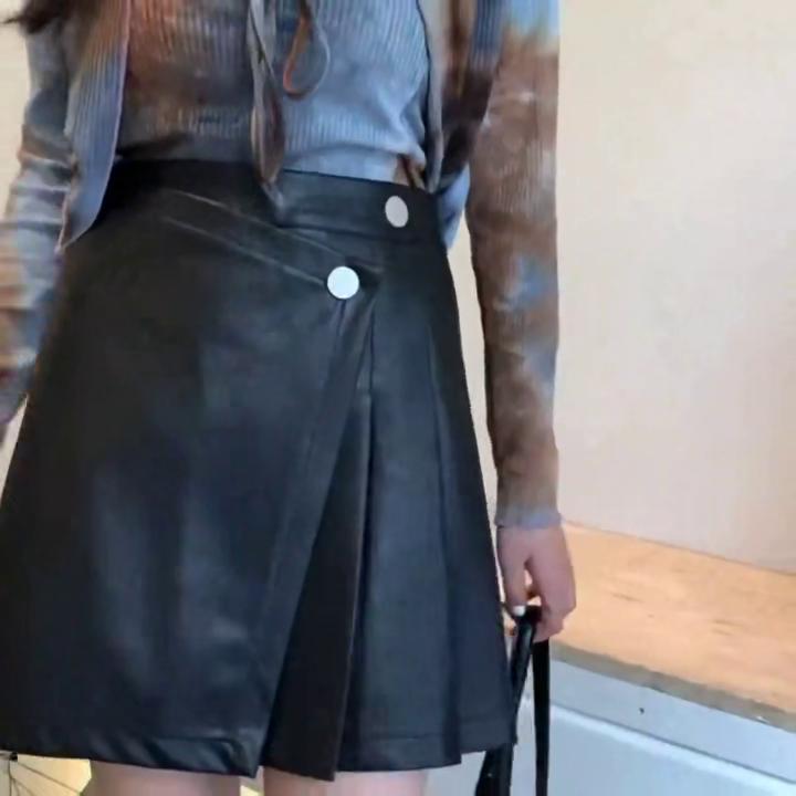 Летние кожаные юбки женские корейские модные винтажные короткая юбка из искусственной кожи OL женская повседневная плиссированная мини-юбка А-силуэта с высокой талией