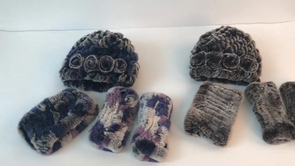 New Winter 3 Pieces Knitted Real Rex Rabbit Fur Hat Scarf Gloves Sets Women Natural Rex Rabbit Fur Warm Cap Scarves Mittens
