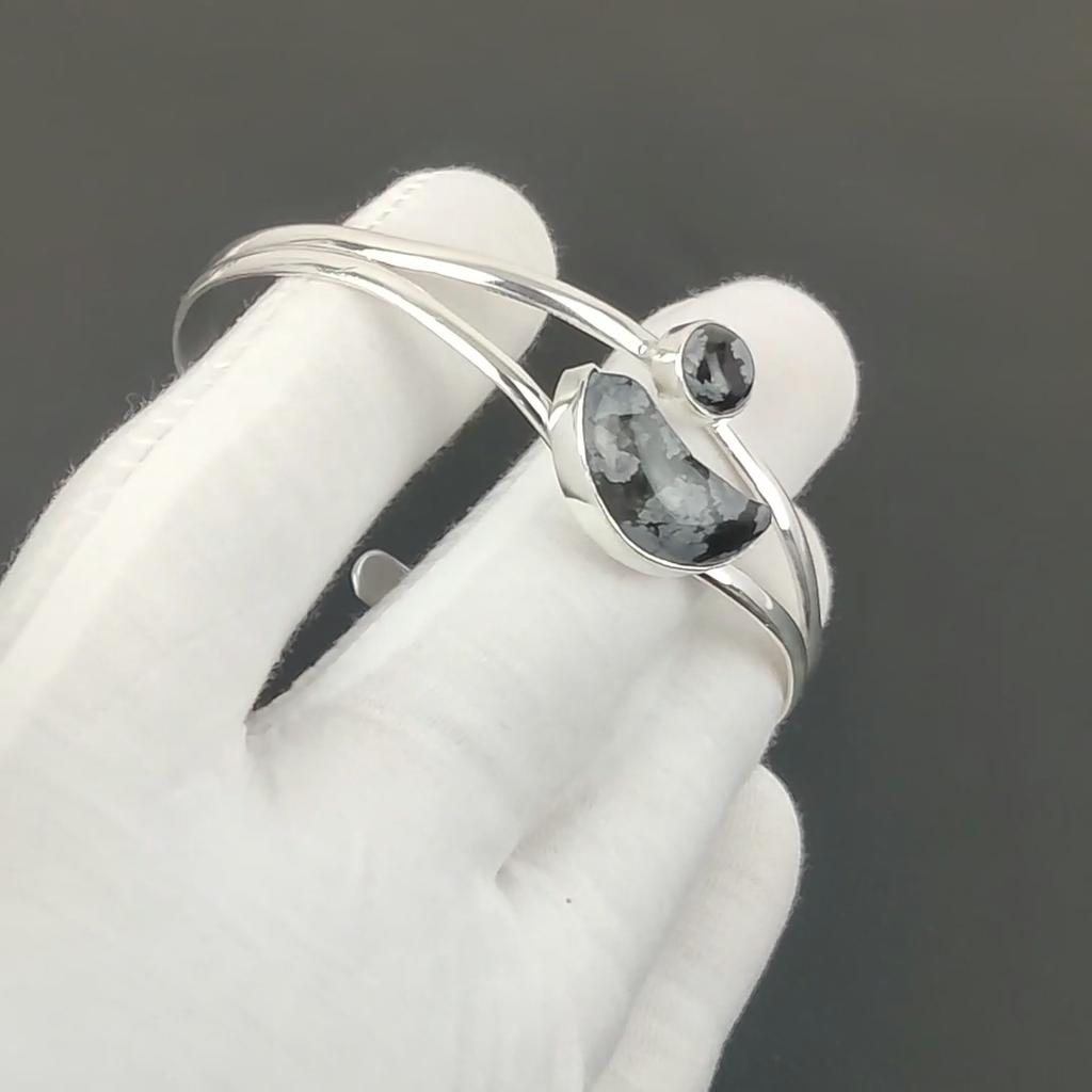 Snowflake Obsidian Gemstone Handmade Cuff Bangle 925 Sterling Silver Cuff Bangle, Snowflake Obsidian Bracelet For Wife , Unisex Bangle, Gift