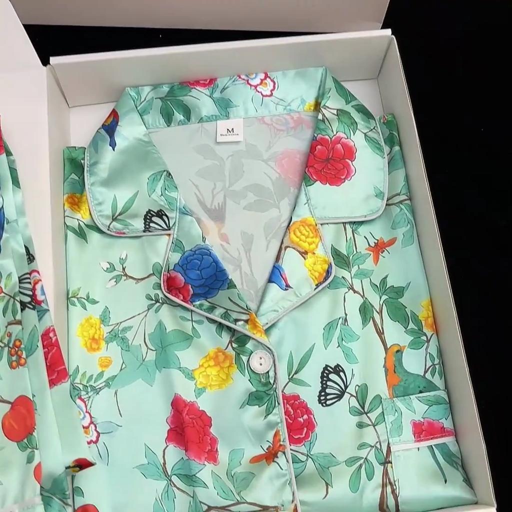 Весна осень Свободный Удобный Пижамный Костюм Цветочный Принт Женская Пижама Ice Silk Домашняя Одежда Длинный Рукав Комплект из двух предметов Femme Satin