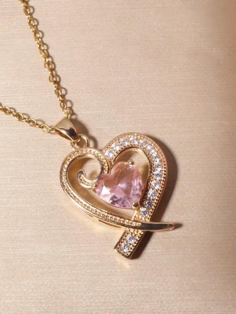 Heart Necklace for Women Golden Stainless Steel Clavicle Chain Pink Zirconia Jewelry Wedding Party Daily Wear Accessories