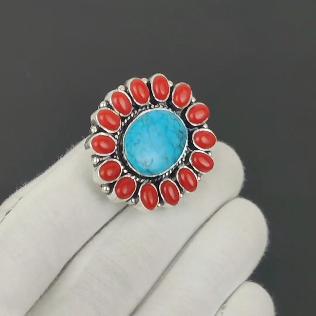 Кольцо с бирюзой и красным кораллом, кольцо из стерлингового серебра 925 пробы, подарок для нее, овальный камень, элегантное кольцо ручной работы, серебряное кольцо с цветком бирюзы, подарки