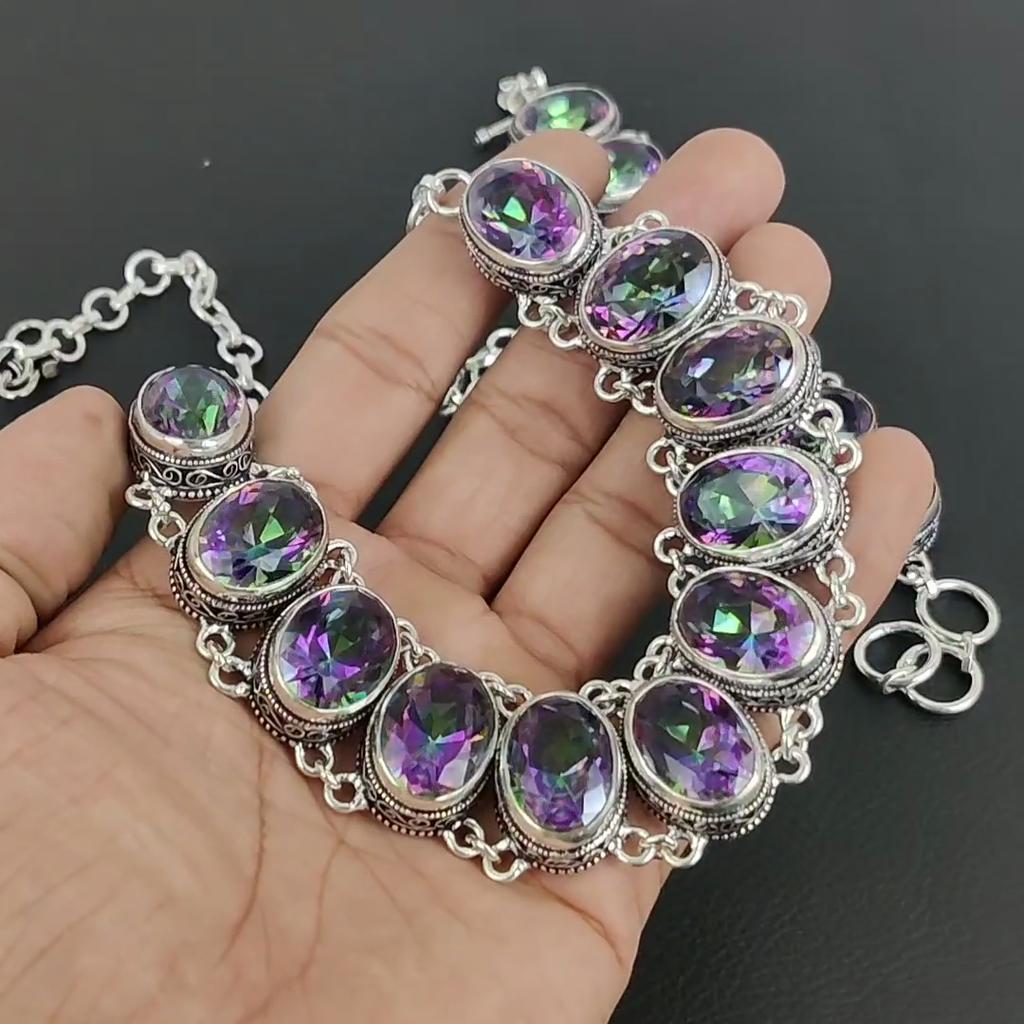 Натуральный радужно-мистик-топаз драгоценный камень ручной работы из стерлингового серебра 925 пробы ожерелье браслет комплект, антикварный ювелирный комплект, свадебные подарки браслет для подарков