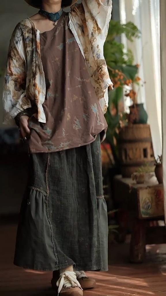 Johnature Women Vintage Green Skirts Elastic Waist Patchwork Loose Autumn Chinese Style Female A-Line Skirts