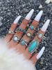 Набор колец из 8 предметов с бирюзой, комбинированное кольцо в этническом стиле с инкрустацией в стиле ретро и резным пером