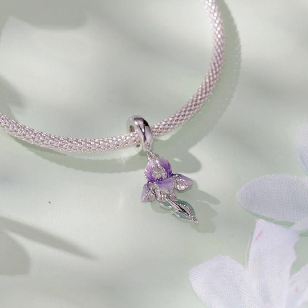 BAMOER Стерлингового Серебра 925 пробы Цветок Ириса Висячие Бусины Фиолетовый Постепенный Эмаль Подвески для Женщин Браслет и Ожерелье Ювелирные Изделия DIY