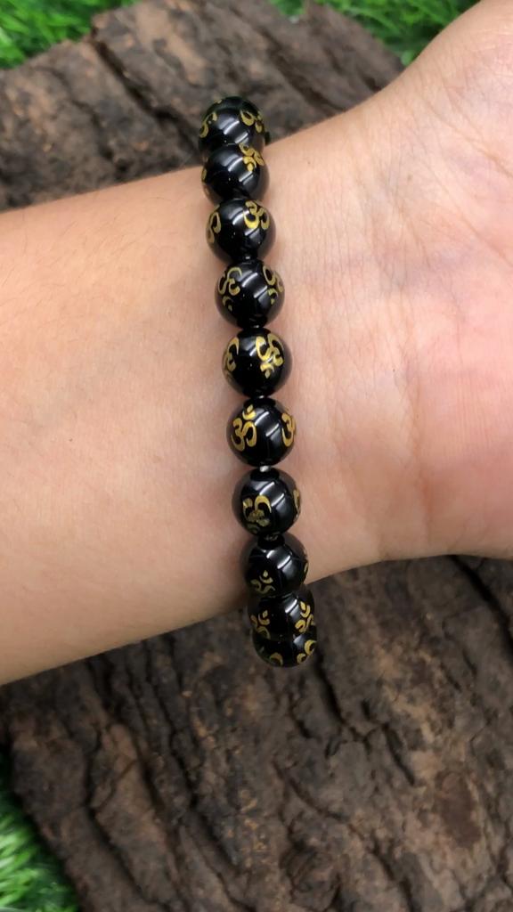 Браслет из натурального черного оникса с бусинами OM 8 мм, 7,5 дюйма, круглые бусины OM, ювелирный подарок для нее/него RBB-20