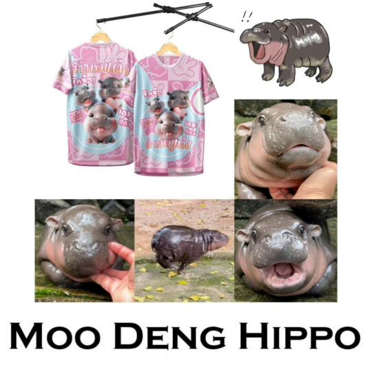 Moo Deng Tiny Baby Hippo Star Thailand Cute Pygmy Hippo Unisex Men Women Kid T-Shirt Print Short Sleeve Round Neck Pink