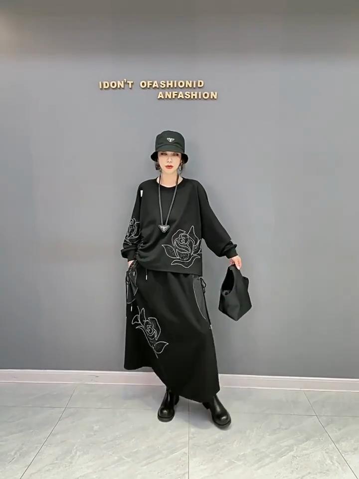 Xitao Свободные складки в стиле пэчворк, комплект из двух предметов, нерегулярная юбка, женский пуловер, топ HQQ1627