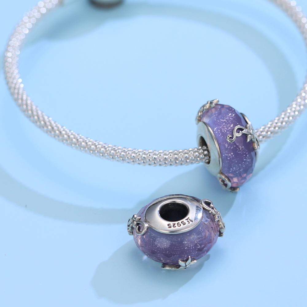 BAMOER стерлингового серебра 925 пробы фиолетовые стеклянные бусины-шармы «мечта» для оригинальных браслетов и ожерелья диаметром 3 мм