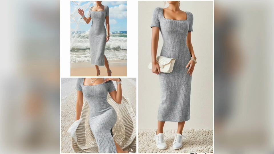 Летнее платье с квадратным вырезом, юбкой миди, пуловер, короткий рукав, универсальный трикотаж, разрез