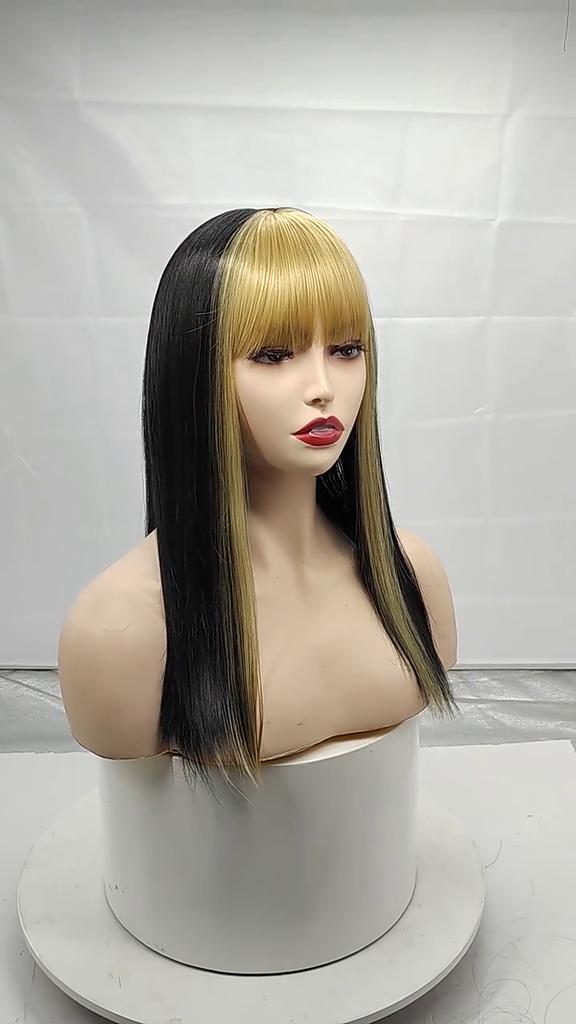 MERISIHAIR Women Straight Mixed Color Hair Wig with Bangs Black Hair with Blond Red Purple Pink Bangs Synthetic Fiber Cosplay Party Wig