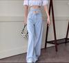 Korean Retro Slim Fit Waist Light Blue Jeans Women's Tie High Waist Loose Casual Wide-leg Denim Trousers Women
