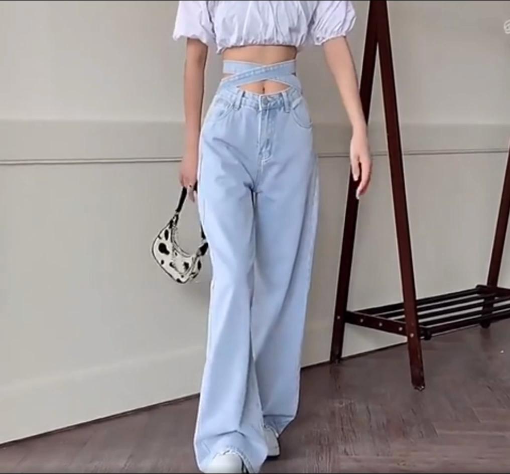Korean Retro Slim Fit Waist Light Blue Jeans Women's Tie High Waist Loose Casual Wide-leg Denim Trousers Women