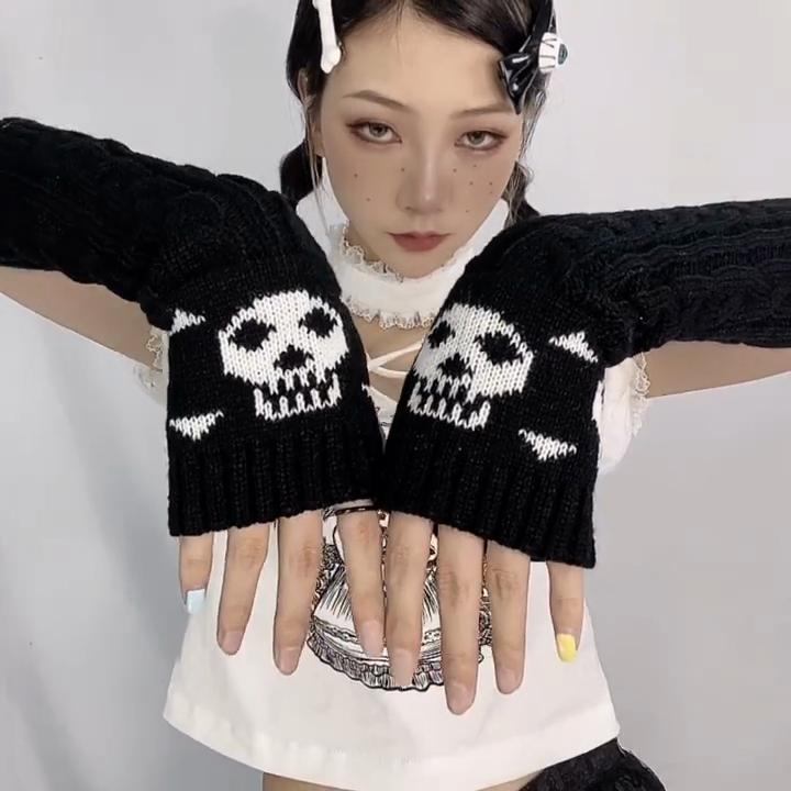 Y2K панк харадзюку скелет готические черные вязаные плиссированные перчатки в сочетании с рукавами для зимнего тепла
