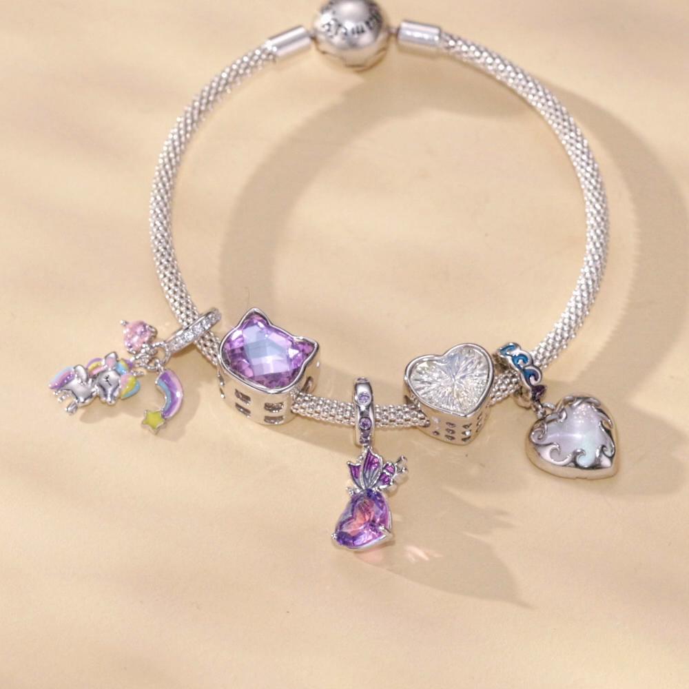 WOSTU 925 Sterling Silver Rainbow & Unicorn Bead Lovely Horse Pendant Charm for Women Original Necklace Bracelet